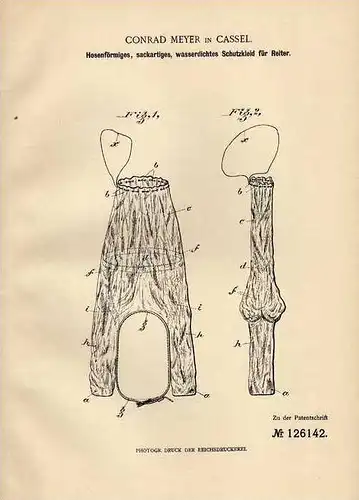 Original Patentschrift - Schutzkleid für Reiter , 1901 , C. Meyer in Cassel , Hose , Reithose !!!