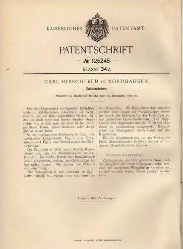 Original Patentschrift - C. Hirschfeld in Nordhausen , 1900 , Zahltisch , Geld , Geldsack !!!