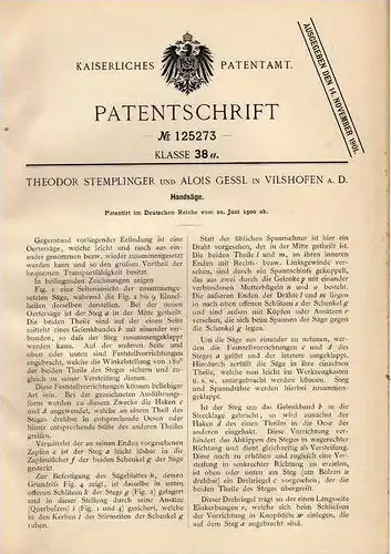 Original Patentschrift - T. Stemplinger in Vilshofen a.D., 1900 , Handsäge , Säge !!!