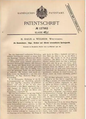 Original Patentschrift - M. Haigis in Weilheim , Württ., 1901 , Baumschere , Baumsäge , Baumschule , Forst !!!