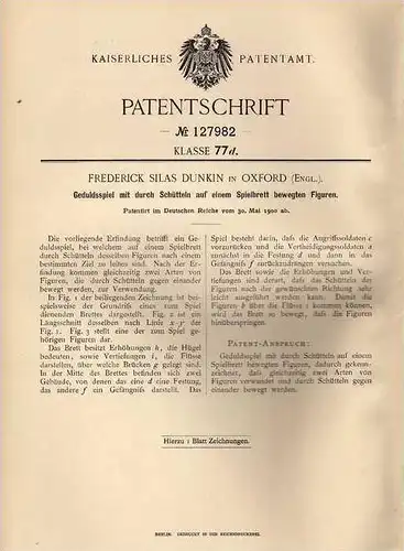 Original Patentschrift - F. Dunkin in Oxford , 1900 , Geduldsspiel mit Spielbrett und Figuren !!!