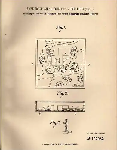 Original Patentschrift - F. Dunkin in Oxford , 1900 , Geduldsspiel mit Spielbrett und Figuren !!!