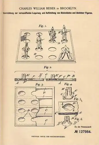 Original Patentschrift - C. Beiser in Brooklyn , 1901 , Bleisoldaten , Bleifiguren , Blei , Setzkasten !!!