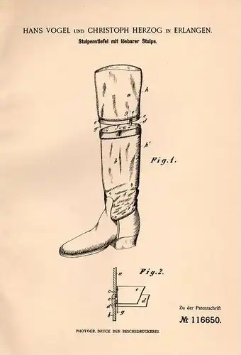 Original Patentschrift - C. Herzog in Erlangen , 1900 , Stulpen - Stiefel , Reitstiefel , Reiter , Reiten , Schuster !!!