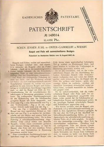 Original Patentschrift - S. Juhl in Oster - Gammelby b. Wiesby , 1902 , Raspel und Feile mit Bezügen !!!