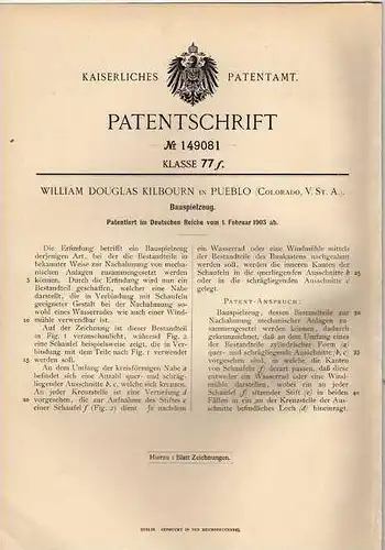 Original Patentschrift - W. Kilbourn in Pueblo , USA , 1903 , Bau - Spielzeug , Wasserrad , Windmühle !!!