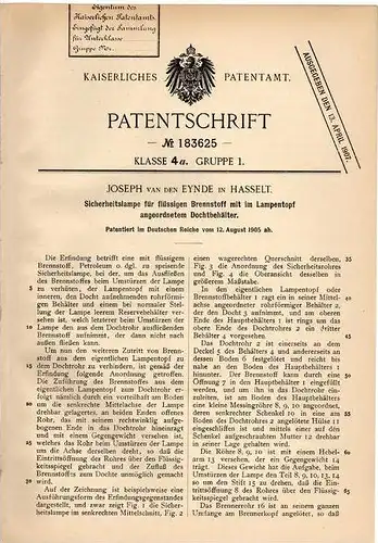 Original Patentschrift - J. v. den Eynde in Hasselt , 1905, Sicherheitslampe für flüssigen Brennstof , Lampe , Petroleum