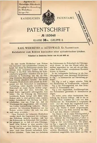 Original Patentschrift - K. Widemeyer in Altenwald , Kr. Saarbrücken ,1905 , Holzbohrer für konische Löcher , Tischlerei