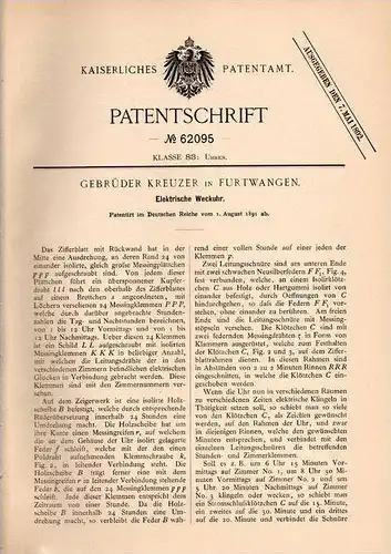 Original Patentschrift - Gebr. Kreuzer in Furtwangen , 1891 , elektrische Weckuhr , Wecker , Uhr !!!
