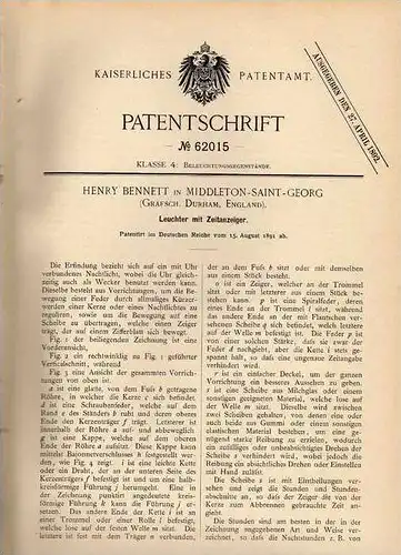 Original Patentschrift - H. Bennett in Middleton Saint Georg , 1891 , Leuchter mit Uhr , Zeitanzeiger , Clock !!!