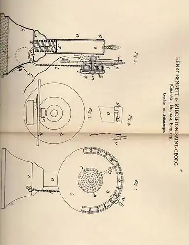 Original Patentschrift - H. Bennett in Middleton Saint Georg , 1891 , Leuchter mit Uhr , Zeitanzeiger , Clock !!!