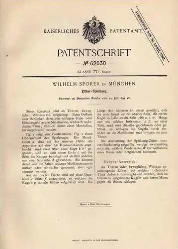 Original Patentschrift - Zither - Spielzeug , 1891 , W. Sporer in München !!!