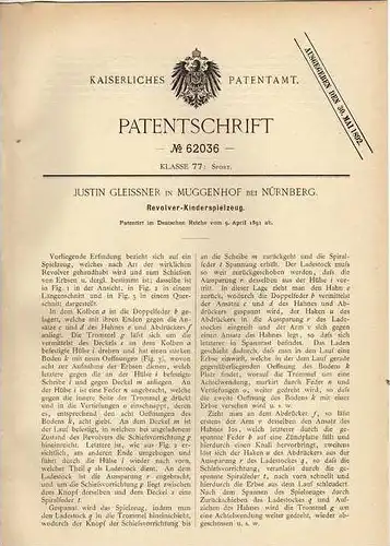 Original Patentschrift - J. Gleissner in Muggenhof b. Nürnberg , 1891, Revolver - Kinderspielzeug , Spielzeug , Pistole