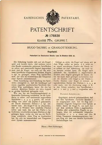 Original Patentschrift - Kugelspiel , 1905 , H. Taussig in Charlottenburg !!!