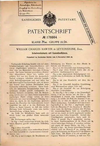 Original Patentschrift - W. Hawtin in Leytonstone , 1904 , Schuhabsatz mit Gummikissen , Schuster , Schuhe !!!