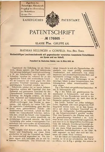 Original Patentschrift - M. Nellinger in Konfeld , Reg.Bez. Trier , 1905 , Laschenschuhwerk , Schuhe , Schuhmacher !!!