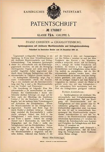 Original Patentschrift - Spielzeugkanone , Kanone , 1903 , F. Christen in Charlottenburg !!!
