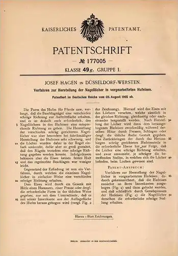 Original Patentschrift - Hufeisen , 1905 , J. Hagen in Düsseldorf - Wersten , Beschlag , Hufschmied , Pferd !!!