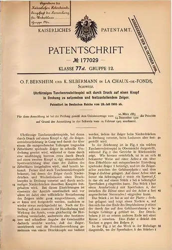 Original Patentschrift - O. Bernheim in La Chaux de Fonds , 1905 , Roulette , Taschen-Roulette in Uhr !!!