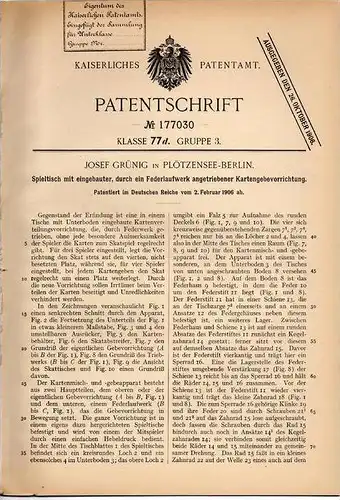 Original Patentschrift - Spieltisch für Skat , mit Kartengeber , 1906 , J. Grünig in Plötzensee - Berlin !!!