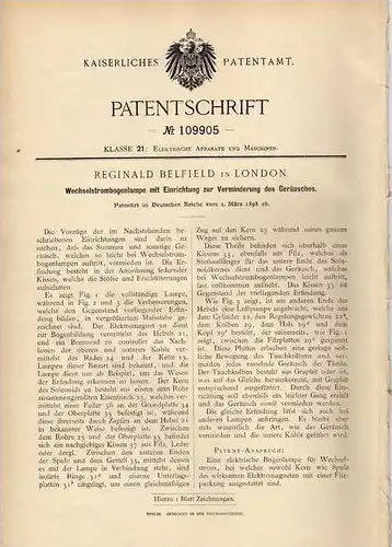 Original Patentschrift - R. Belfield in London , 1898 , Wechselstrom - Bogenlampe , Lampe  !!!