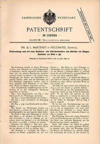 Original Patentschrift - L. Martenet in Neuchatel / Neuenburg , 1899 , Drehwerkzeug , Rohrabschneider !!!