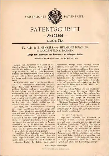 Original Patentschrift - Fa. Alb & Henkels in Langerfeld b. Barmen , 1901 , Zange für Schuhe , Schuhmacher , Schuster !!