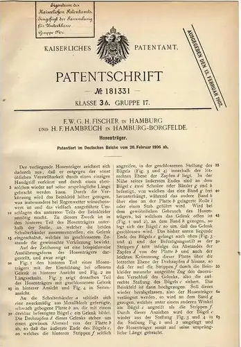 Original Patentschrift - H. Hambruch in Hamburg - Borgfelde , 1906 , Hosenträger !!!