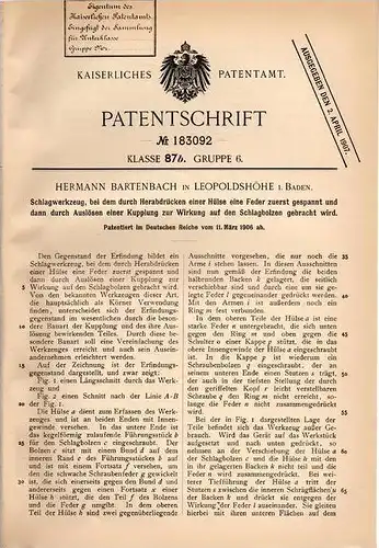 Original Patentschrift - H. Bartenbach in Leopoldshöhe , 1906 , Schlagwerkzeug !!!