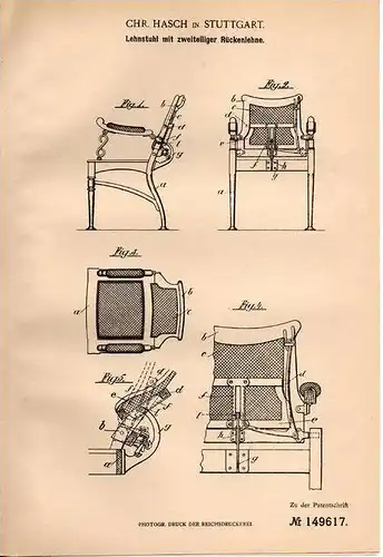 Original Patentschrift - C. Hasch in Stuttgart , 1903 , Lehnstuhl mit zweiteiliger Rückenlehne !!!