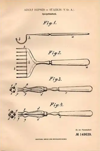 Original Patentschrift - Besteck für Spargel , 1903 , A. Heppner in St. Louis , USA !!!