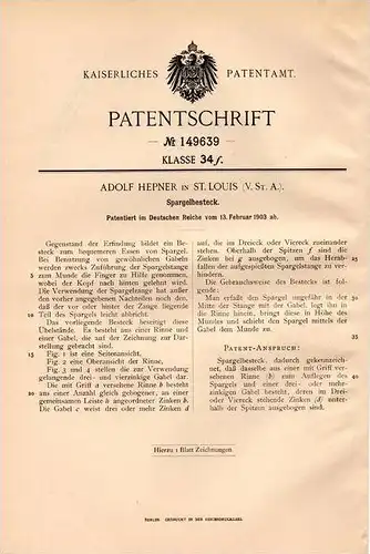 Original Patentschrift - Besteck für Spargel , 1903 , A. Heppner in St. Louis , USA !!!