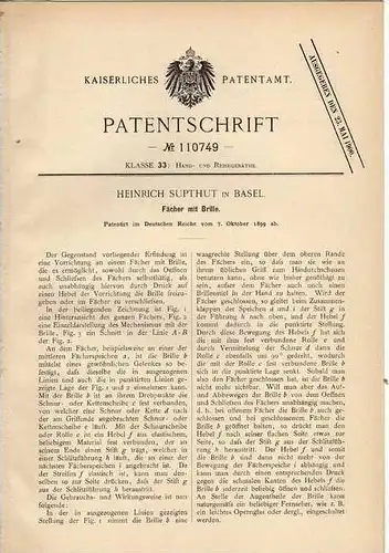 Original Patentschrift - H. Suphut in Basel , 1899 , Fächer mit Brille !!!