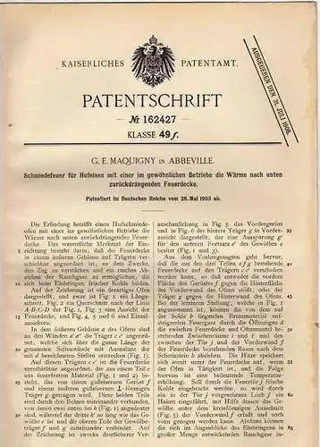 Original Patentschrift - G. Maquigny in Abbeville , 1903 , Schmiedefeuer für Hufeisen !!!