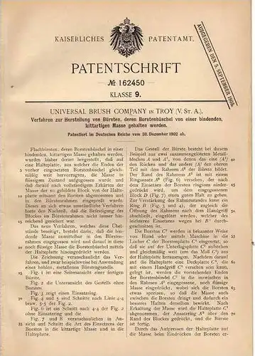 Original Patentschrift - Universal Brush Comp. in Troy , USA , 1902 , Herstellung von Bürsten !!!