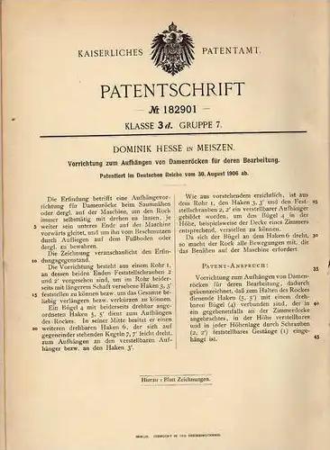 Original Patentschrift - D. Hesse in Meißen , 1906 , Damenrock - Bearbeitung , Schneiderei , Näherei , Rock !!!