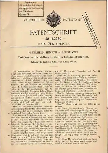 Original Patentschrift - W. Hinsch in Bergedorf , 1905 , Herstellung von Schnürsenkel , Schuhe !!!