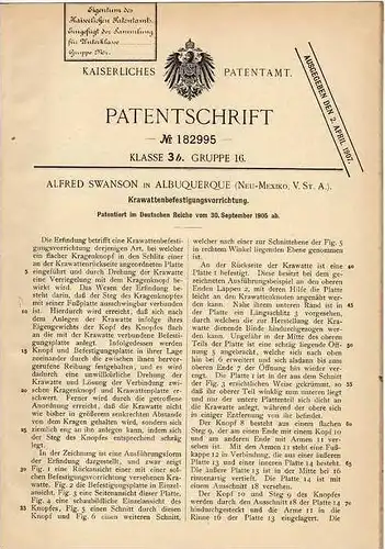Original Patentschrift - A. Swanson in Albuquerque , Neu Mexico , 1905 , Befestigung für Krawatten , Krawatte !!!