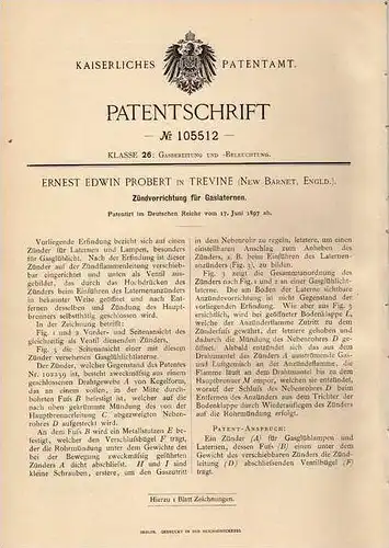 Original Patentschrift - E. Probert in Trevine , New Barnet , 1897 , Zündapparat für Gaslaterne !!!