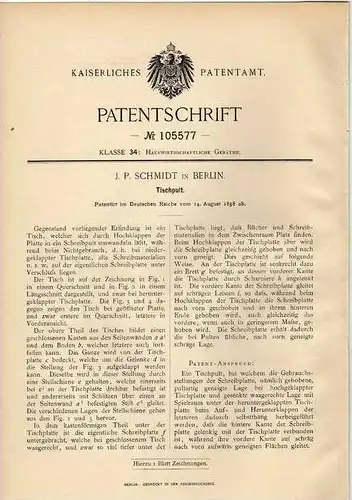Original Patentschrift - J.F. Schmidt in Berlin , 1898 , Tischpult , Tisch , Pult , Sekretär !!!