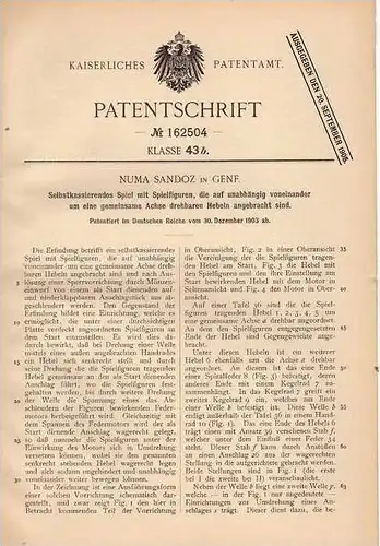 Original Patentschrift - N. Sandoz in Genf , 1903 , Selbstkassierendes Spiel mit Spielfiguren !!!