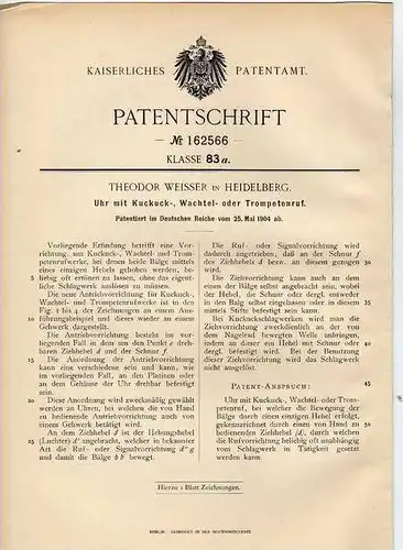 Original Patentschrift - Th. Weisser in Heidelberg , 1904 , Uhr mit Kuckuck -, Wachtel - oder Trompetenruf , Kuckucksuhr