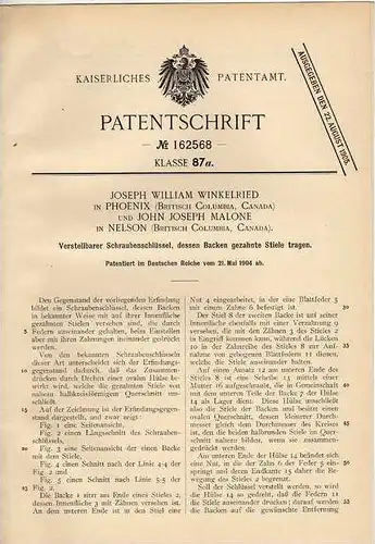 Original Patentschrift - J. Malone in Phoenix und Nelson , 1904 , verstellbarer Schraubenschlüssel !!!