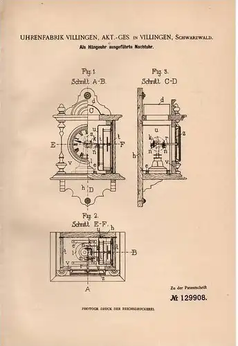 Original Patentschrift - Uhrenfabrik AG in Villingen , 1901 , Hängeuhr als Nachtuhr , Kuckucksuhr !!!