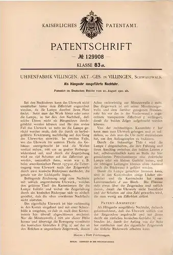 Original Patentschrift - Uhrenfabrik AG in Villingen , 1901 , Hängeuhr als Nachtuhr , Kuckucksuhr !!!
