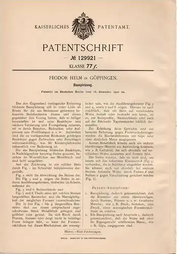Original Patentschrift - F. Helm in Göppingen , 1900 , Bauspielzeug , Lego , Duplo , Bausteine !!!