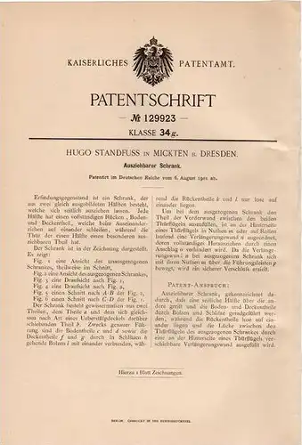 Original Patentschrift - H. Standfuss in Mickten b. Dresden , 1901 , ausziehbarer Schrank !!!