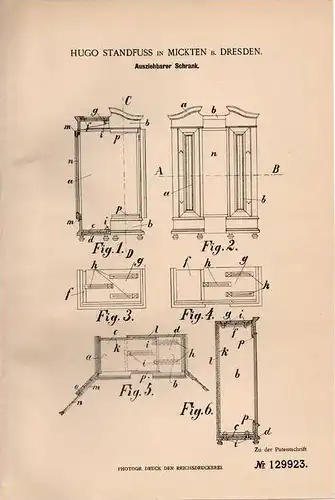 Original Patentschrift - H. Standfuss in Mickten b. Dresden , 1901 , ausziehbarer Schrank !!!