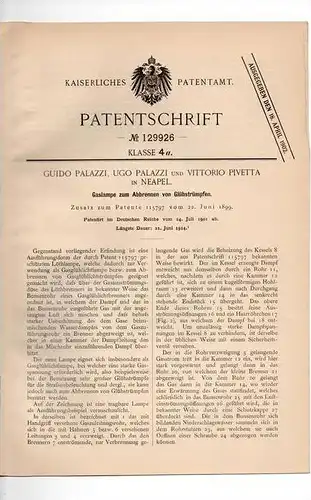 Original Patentschrift - V. Pivetta in Neapel , 1901 , Gaslampe , Laterne !!!