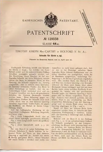 Original Patentschrift - T. Carthy in Holyoke , USA , 1901 , Schnalle für Gürtel !!!
